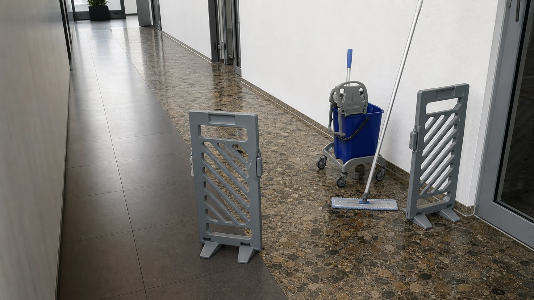 Gelbes Schild, nasser Flur, fertig? So sicher ist Nassreinigung wirklich 1 Frisch nass gereinigter Flur mit abgesichertem Laufweg
