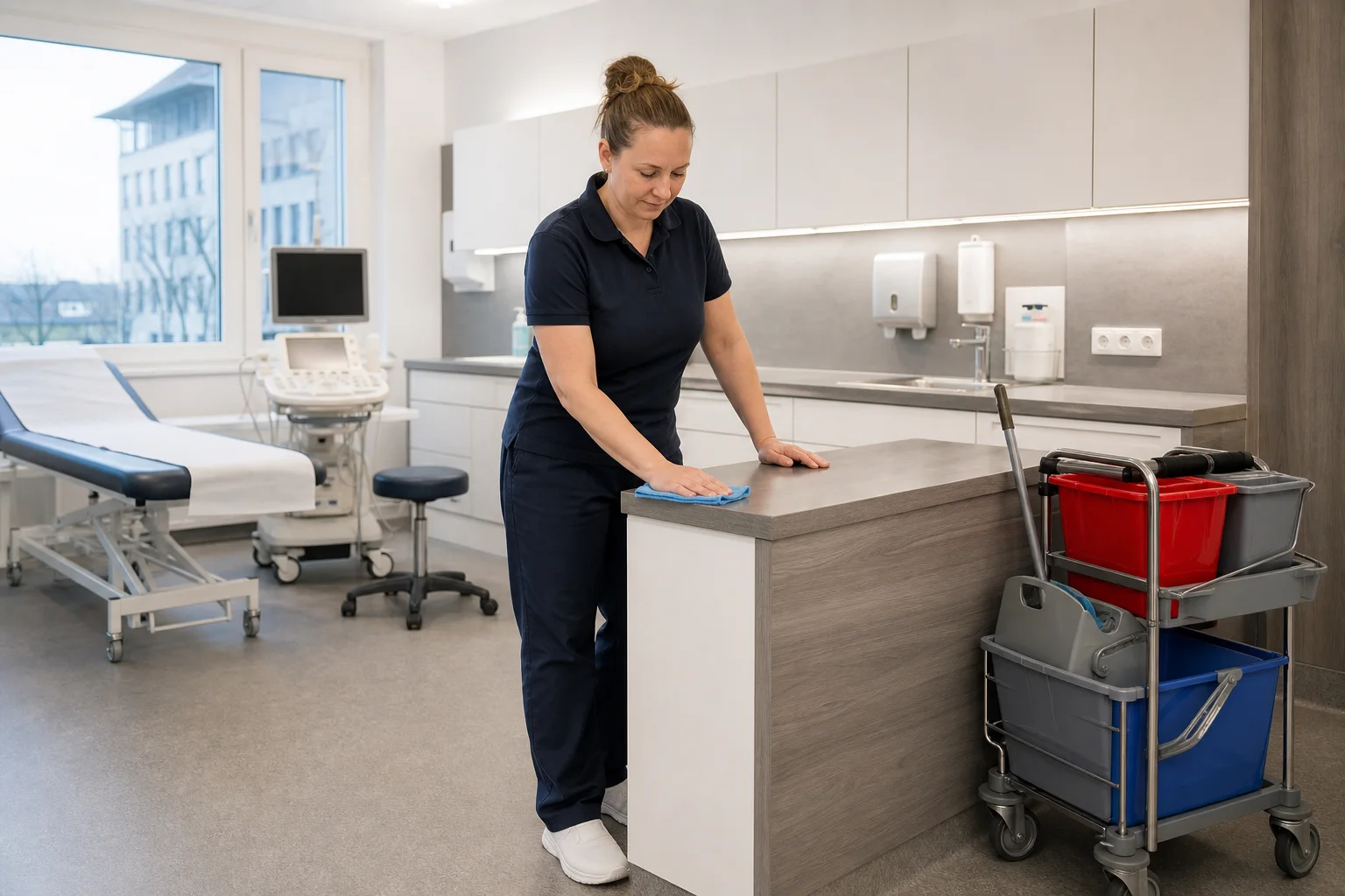 Arbeitsfläche im Behandlungsraum fachgerecht reinigen Reinigungskraft wischt eine Arbeitsfläche in einem Behandlungsraum
