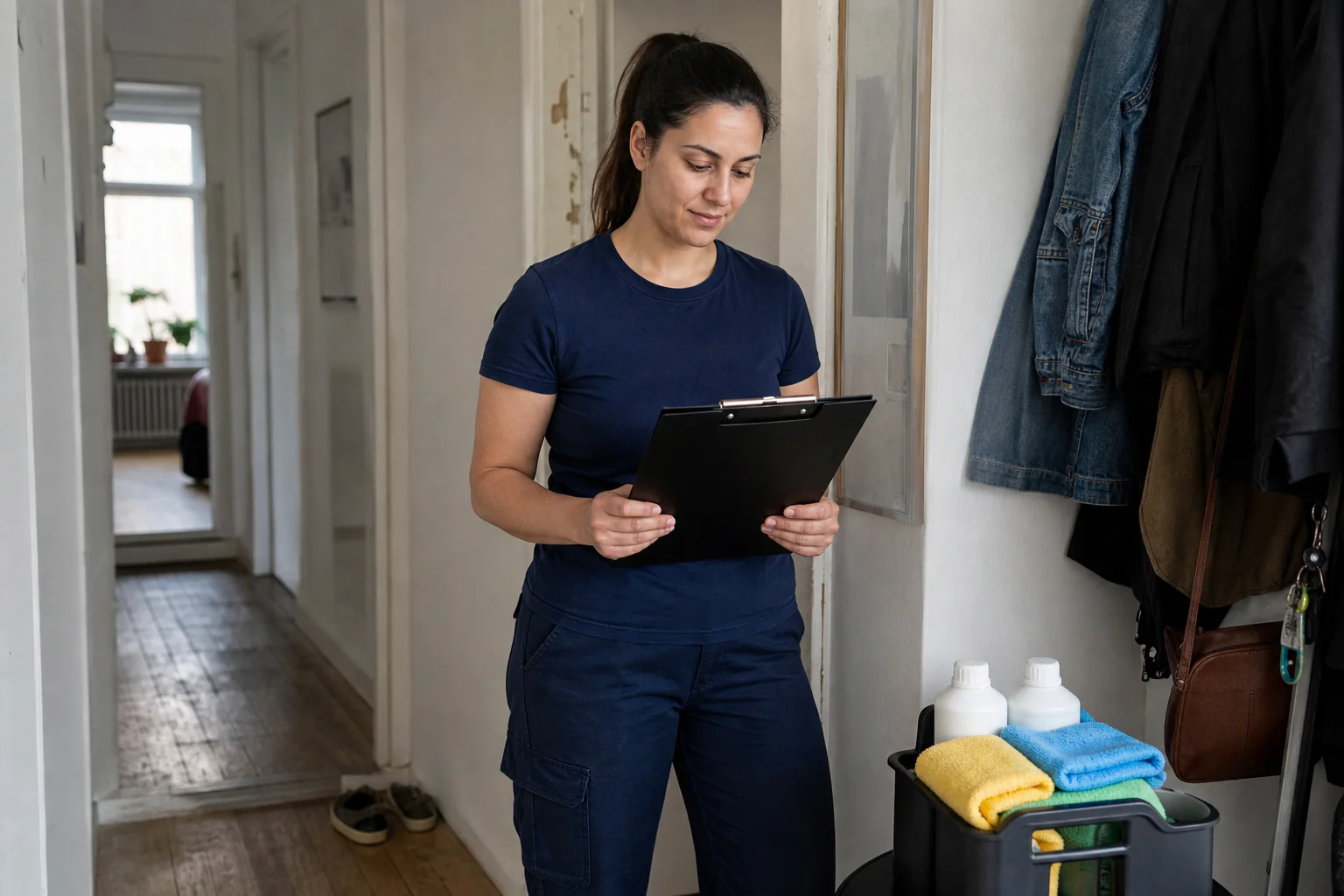 Was kostet eine private Putzfrau? Stunden-, Drei-Stunden- und laufende Kosten 1 Reinigungskraft prüft ein schwarzes Klemmbrett neben einem Materialkorb in einem privaten Wohnungsflur