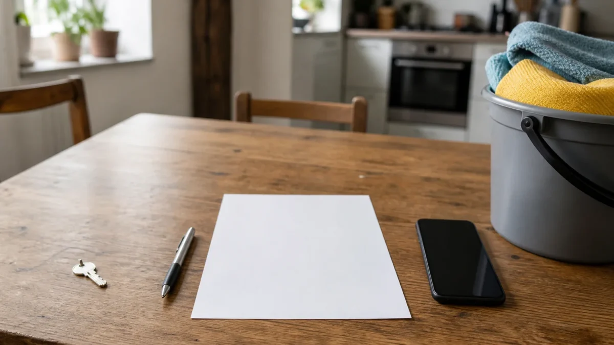 Private Putzhilfe legal anmelden: Welche zusätzlichen Kosten entstehen? 11 Blankes Anmeldeblatt mit Schlüssel, Smartphone und Reinigungseimer auf einem Küchentisch