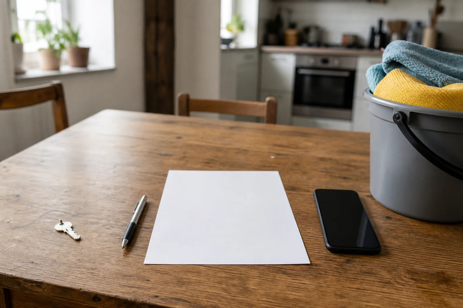Private Putzhilfe legal anmelden: Welche zusätzlichen Kosten entstehen? 1 Blankes Anmeldeblatt mit Schlüssel, Smartphone und Reinigungseimer auf einem Küchentisch