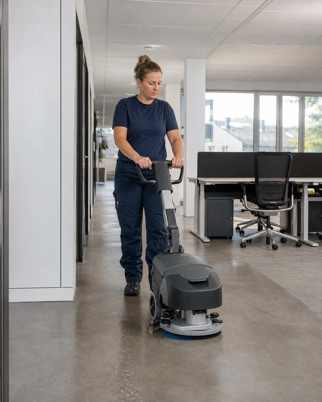 Leistungsbedingungen bei der Büroreinigung Reinigungskraft führt eine Scheuersaugmaschine durch einen Bürobereich