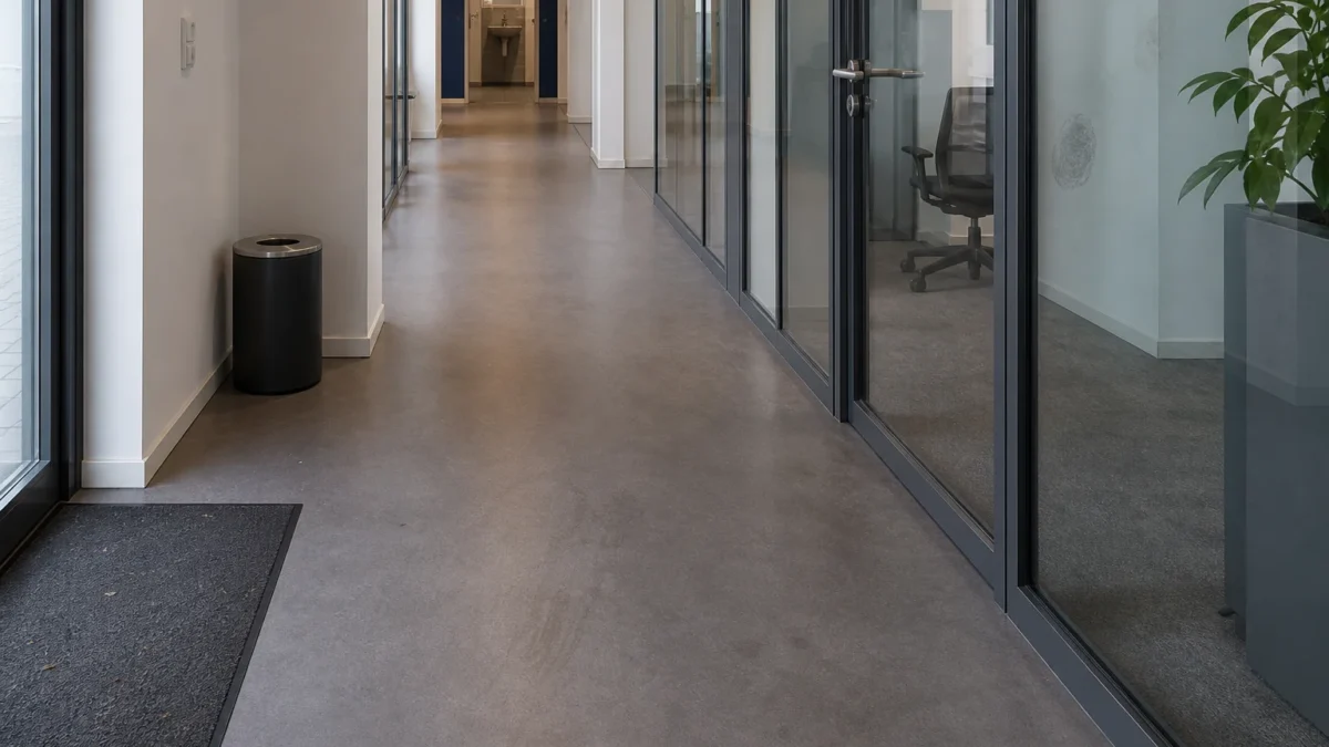 Gewerblicher Büroflur mit Boden, Glasflächen und unterschiedlichen Nutzungsspuren
