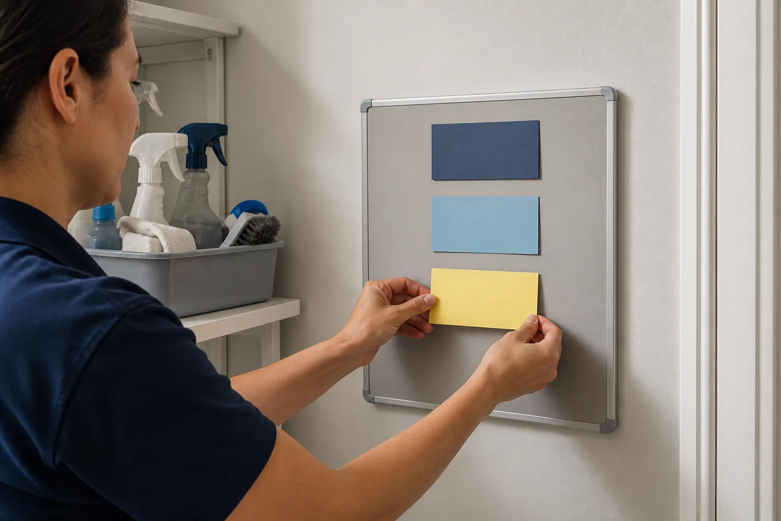 Reinigungskraft ordnet drei unbeschriftete Aufgabenkarten auf einem neutralen Planboard