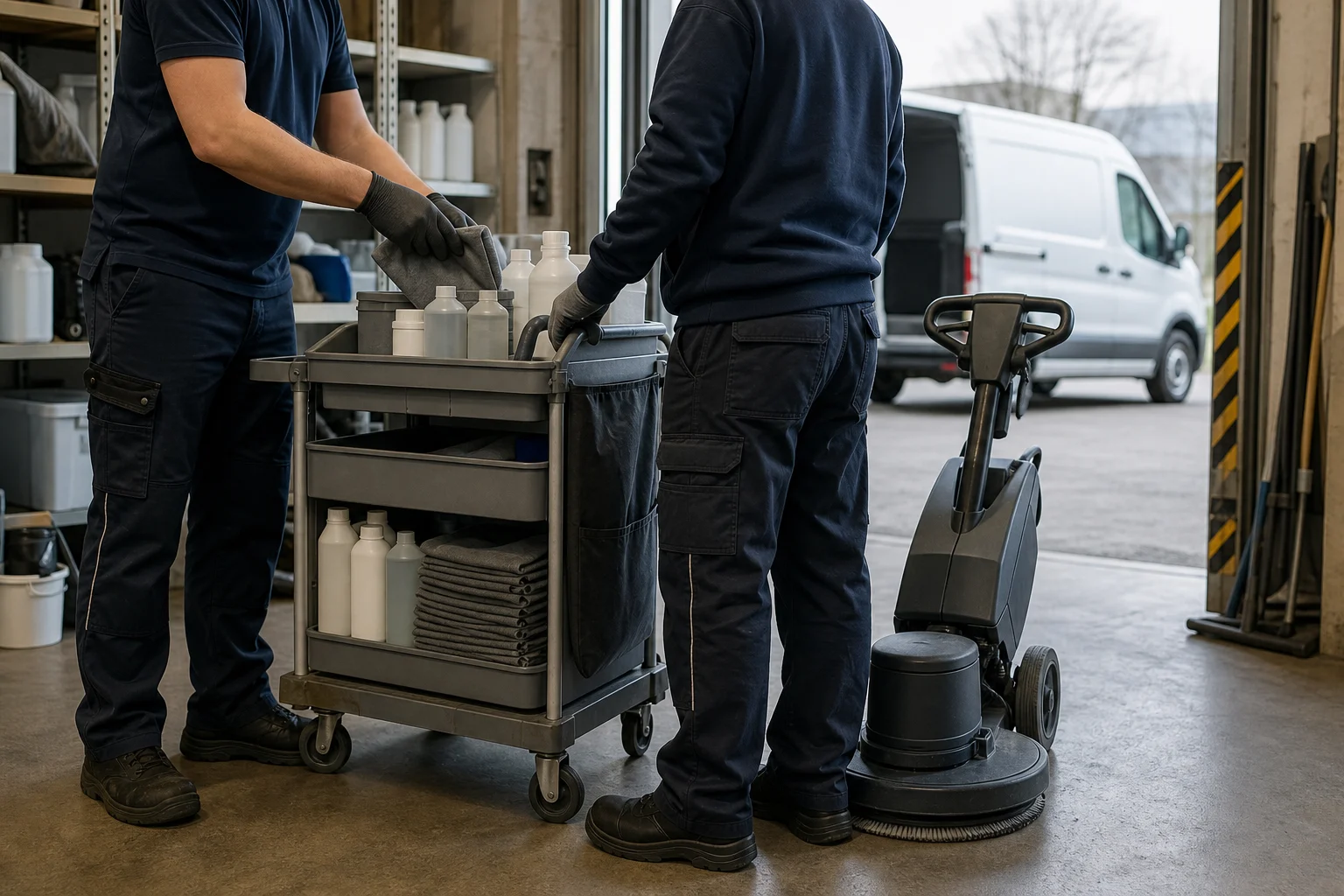 Materiallogistik und Geräteeinsatz einordnen Zwei Reinigungskräfte organisieren Reinigungswagen, Einscheibenmaschine und Material vor einem neutralen Servicefahrzeug