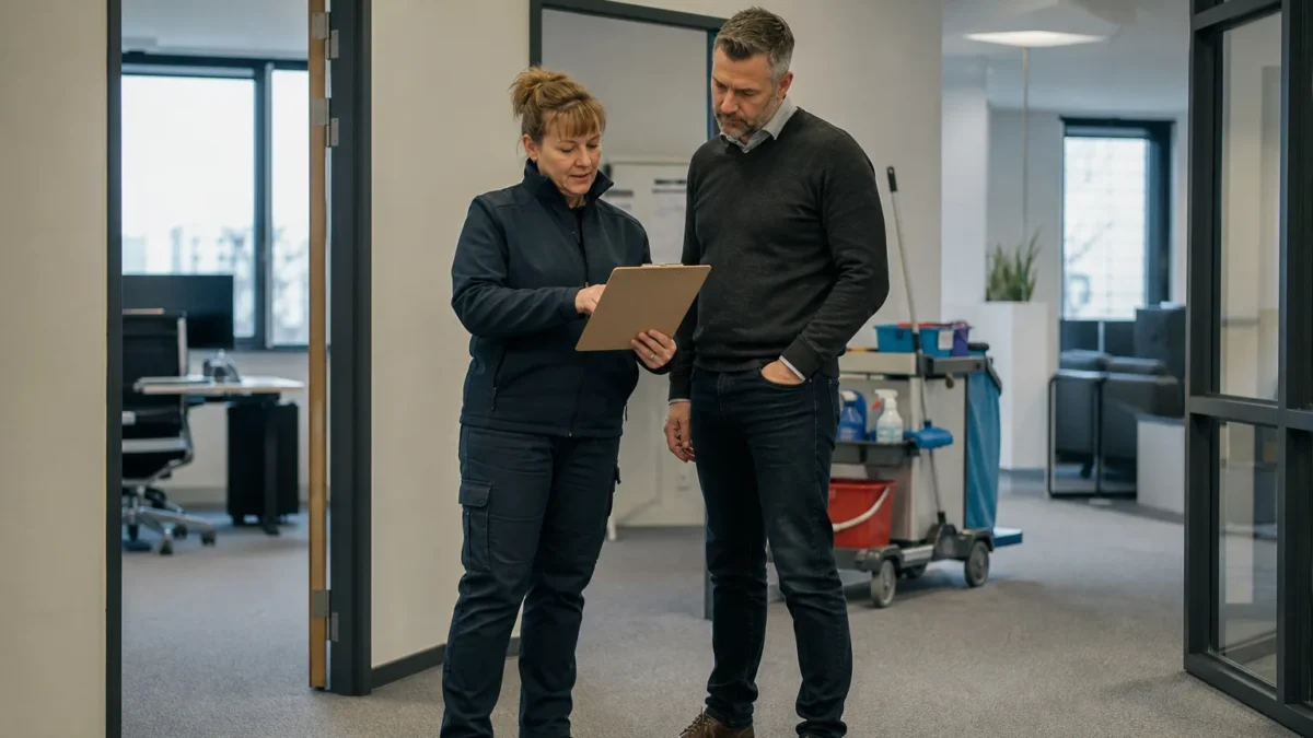 Reinigungsdienstleisterin und Objektverantwortlicher prüfen bei einer Büro-Begehung eine leere Mappe
