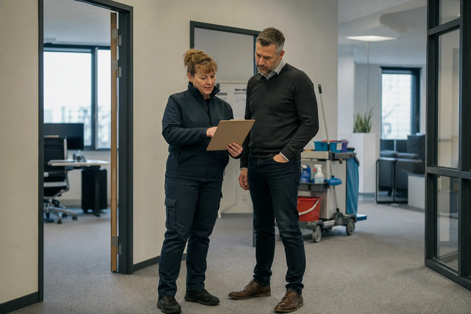 Wie bekommt eine Reinigungsfirma Aufträge? Passende Kunden seriös gewinnen 1 Reinigungsdienstleisterin und Objektverantwortlicher prüfen bei einer Büro-Begehung eine leere Mappe
