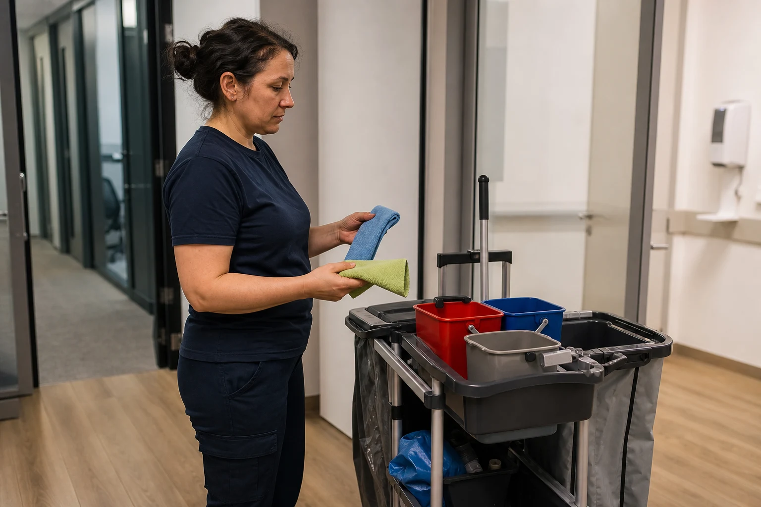 Reinigungskraft mit zwei getrennten Mikrofasertüchern am Übergang zwischen Büro- und Praxisräumen.
