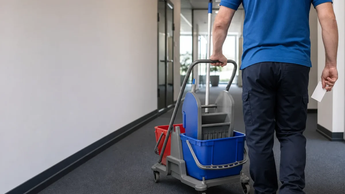 Professionelle Reinigungskraft mit Reinigungswagen und unbeschrifteter Arbeitskarte im Büroflur
