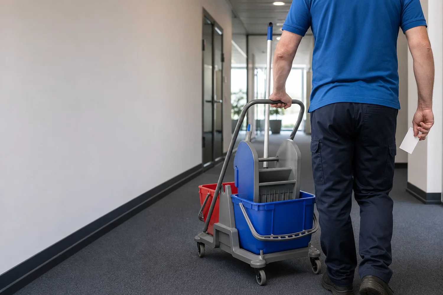 Gebäudereinigung-Mindestlohn 2026: Was Beschäftigte mindestens bekommen 1 Professionelle Reinigungskraft mit Reinigungswagen und unbeschrifteter Arbeitskarte im Büroflur