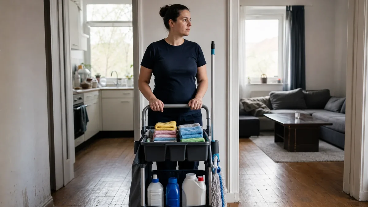 Was schafft eine Reinigungskraft in zwei oder drei Stunden? 9 Reinigungskraft blickt mit Materialwagen von einem Wohnungsflur in Küche und Wohnbereich