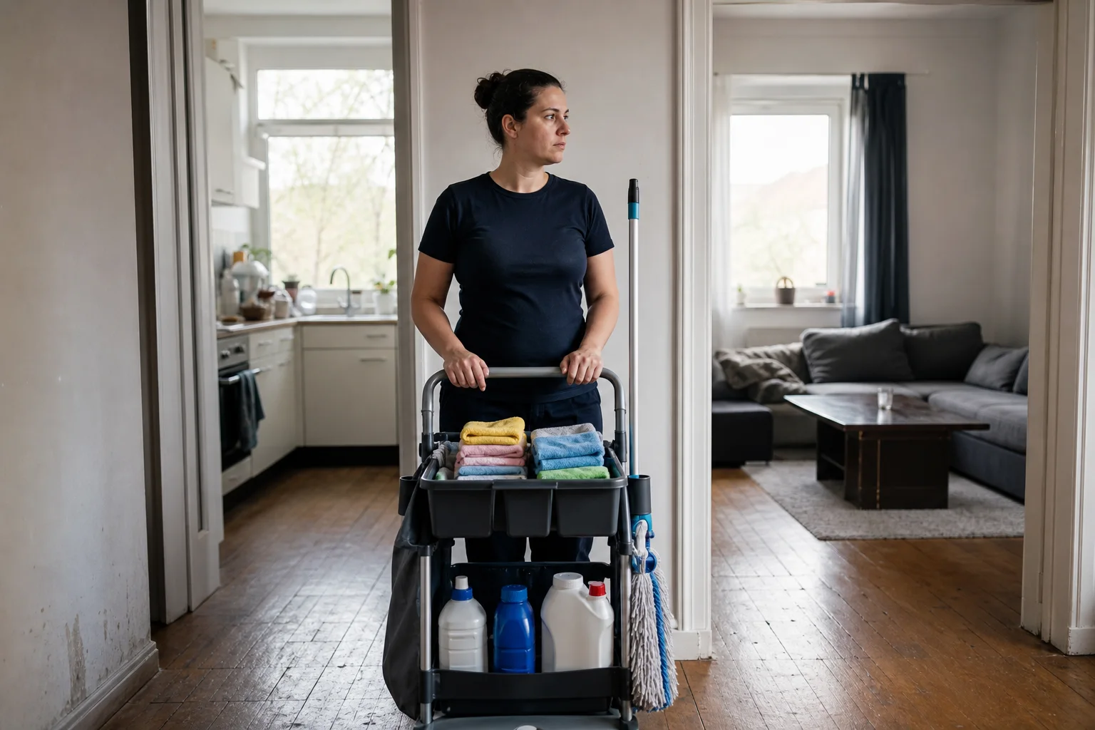 Was schafft eine Reinigungskraft in zwei oder drei Stunden? 1 Reinigungskraft blickt mit Materialwagen von einem Wohnungsflur in Küche und Wohnbereich