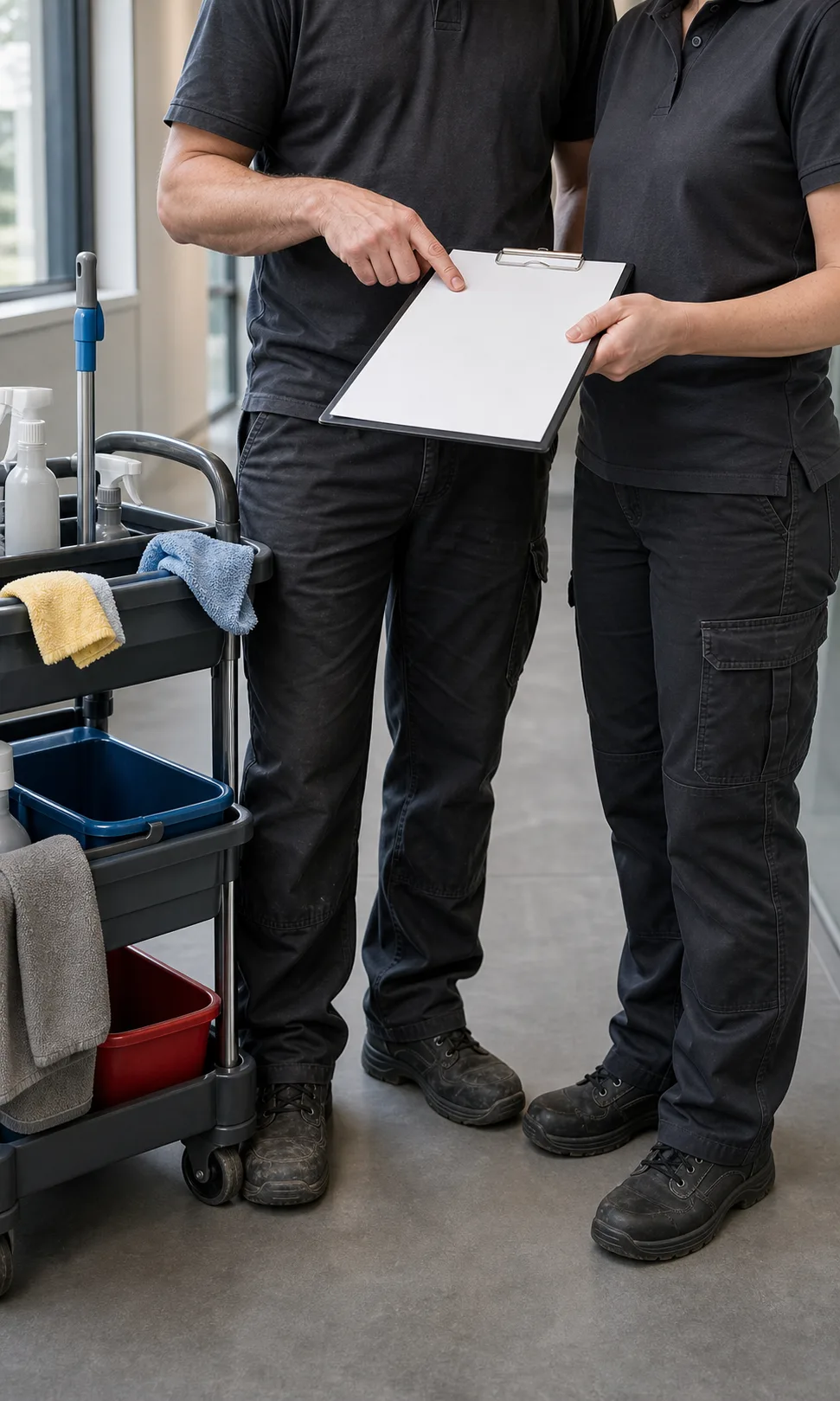 Reinigungsplan im Team übergeben Zwei Reinigungskräfte besprechen einen leeren Plan neben einem Reinigungswagen