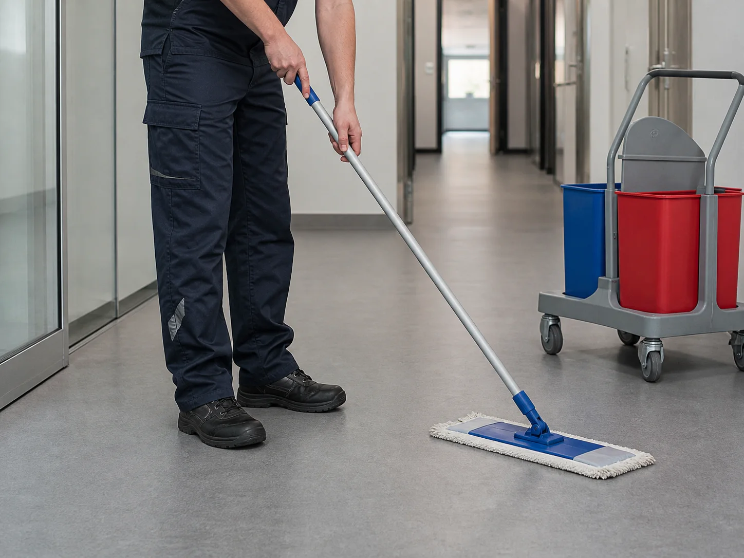 Fachkraft führt einen Flachmopp auf einem gewerblichen Boden