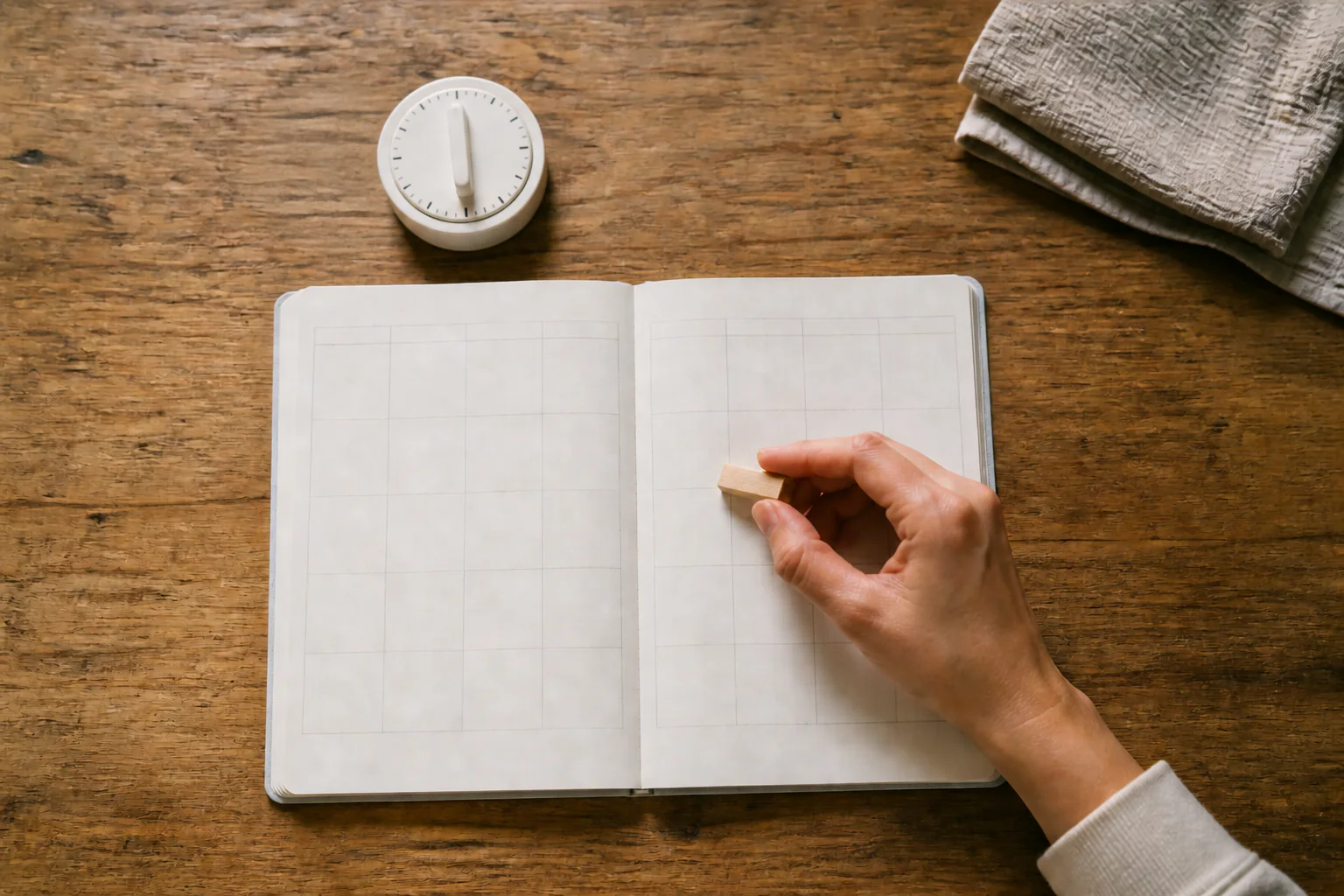 Analoger Küchentimer, leerer Haushaltskalender und eine Hand zur Planung wiederkehrender Reinigungstermine