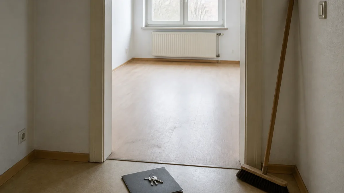 Leere Mietwohnung vor der Rückgabe mit Schlüsselmappe und Besen