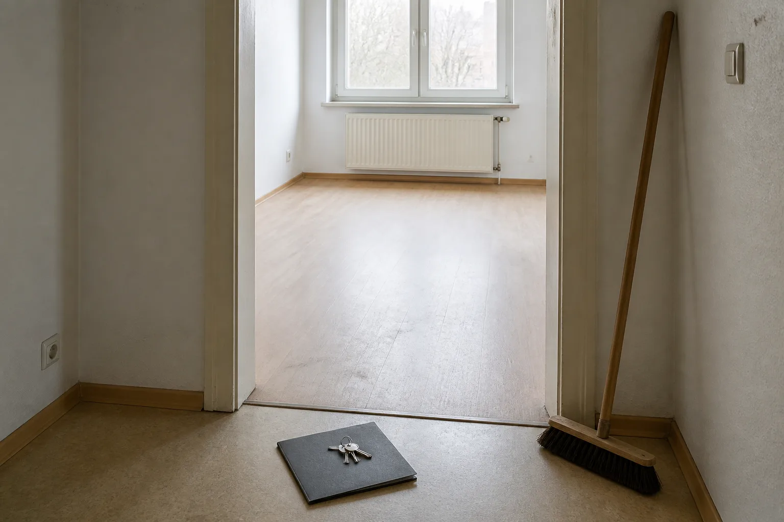 Wohnung beim Auszug reinigen: Was Mieter wirklich klären müssen 1 Leere Mietwohnung vor der Rückgabe mit Schlüsselmappe und Besen