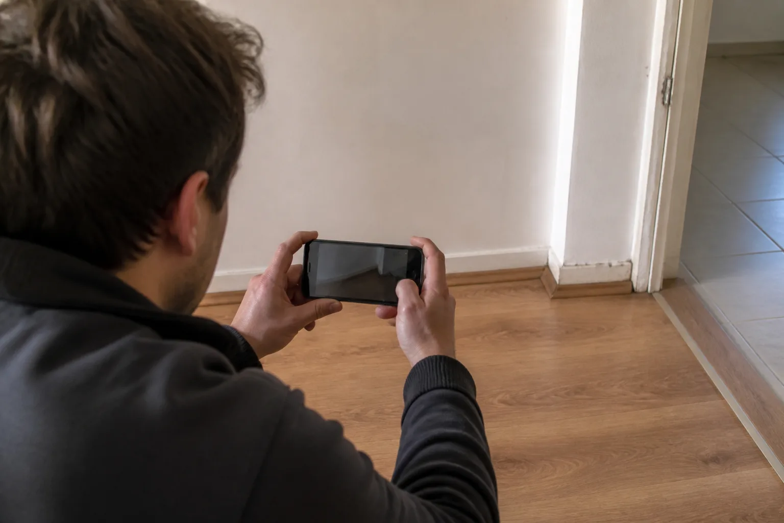 Zustand der Mietwohnung dokumentieren Person dokumentiert mit einem Smartphone eine Bodenstelle in einer leeren Mietwohnung