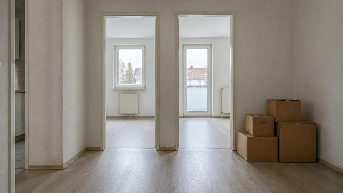 Was kostet eine Wohnungsendreinigung? Die 3,5-Zimmer-Frage richtig einordnen 3 Leere Wohnung mit mehreren Räumen und Umzugskartons vor der Endreinigung