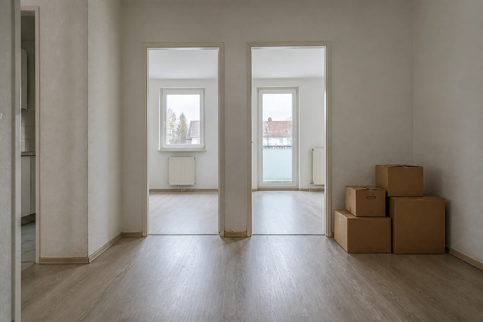 Was kostet eine Wohnungsendreinigung? Die 3,5-Zimmer-Frage richtig einordnen 1 Leere Wohnung mit mehreren Räumen und Umzugskartons vor der Endreinigung