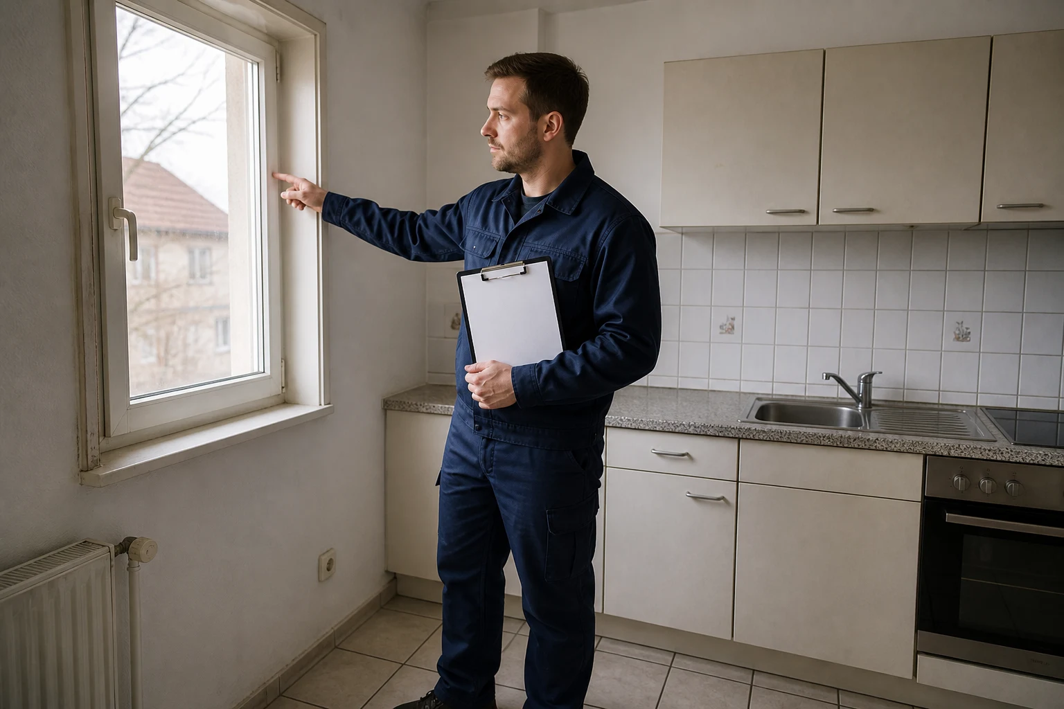 Aufmaß für eine Wohnungsendreinigung Fachkraft prüft Fenster und Küche für das Aufmaß einer Wohnungsendreinigung