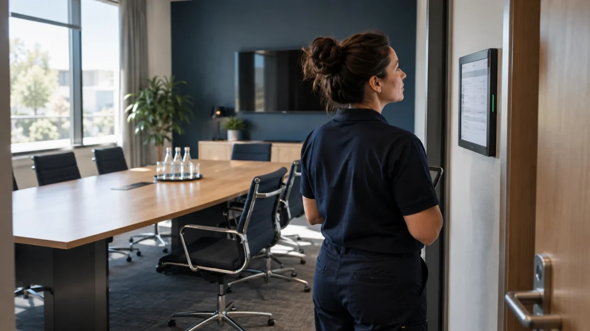 Besprechungsräume zwischen Terminen: Service und Reinigung getrennt vereinbaren 5 Eine Mitarbeiterin prüft die Belegung am Eingang eines Besprechungsraums.