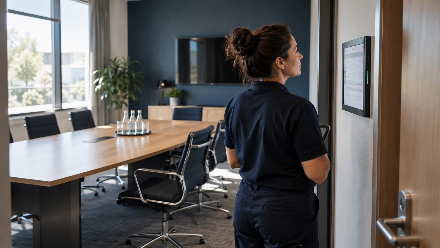Besprechungsräume zwischen Terminen: Service und Reinigung getrennt vereinbaren 1 Eine Mitarbeiterin prüft die Belegung am Eingang eines Besprechungsraums.