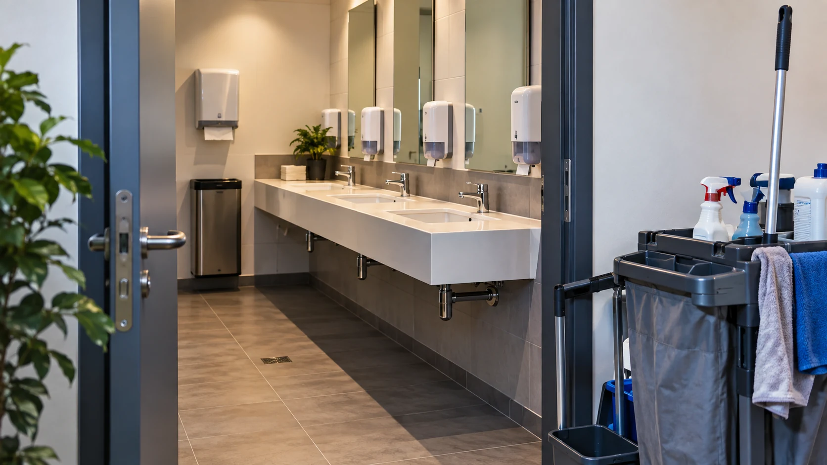 Sanitärreinigung bei Veranstaltungen: Der normale Bürotag ist kein Maßstab 1 Leere Sanitäranlage mit Waschbecken, Spendern und Reinigungswagen am Eingang.