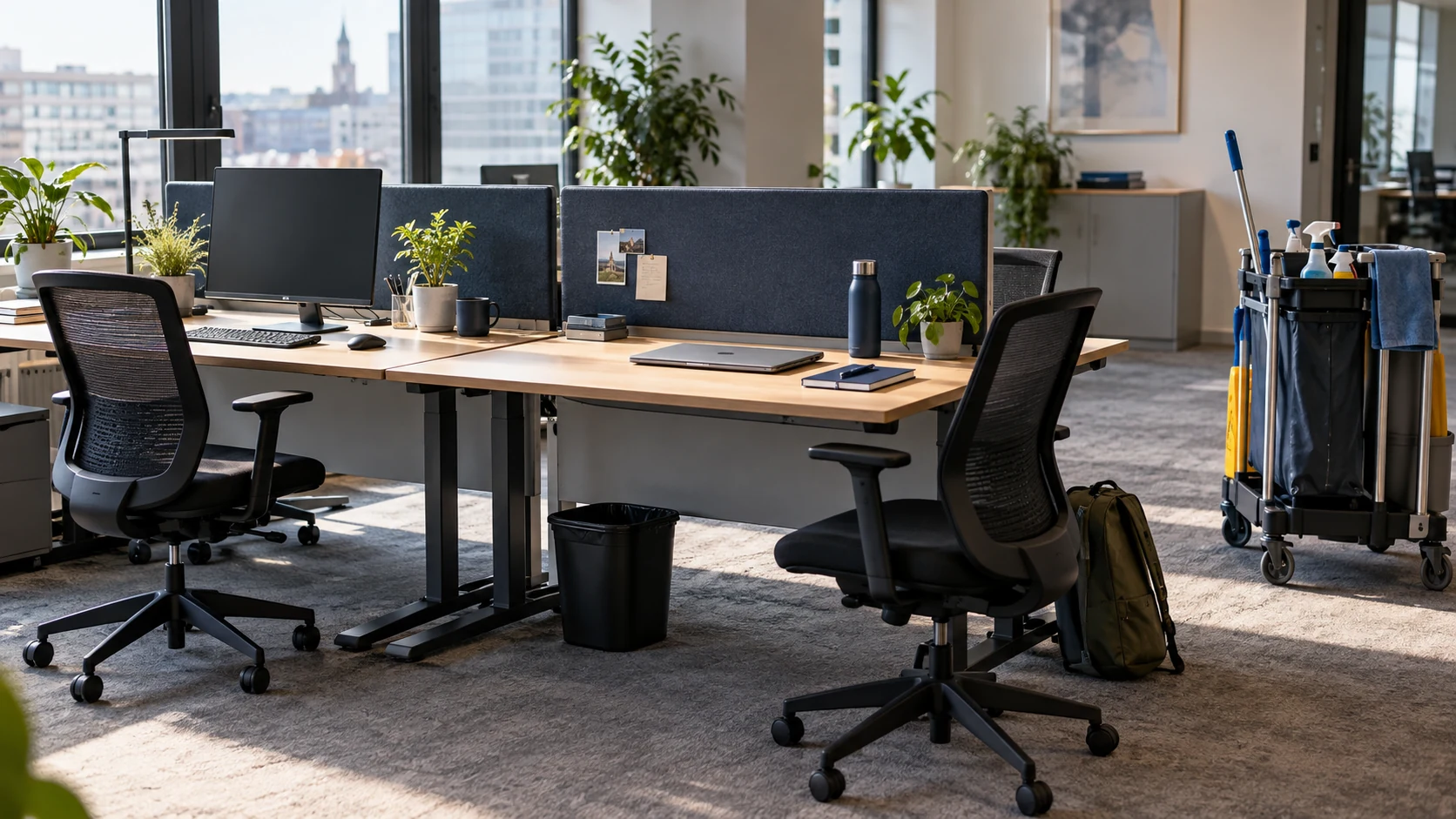 Gemeinsam genutzte Bürotische mit teilweise freigeräumten Arbeitsflächen.