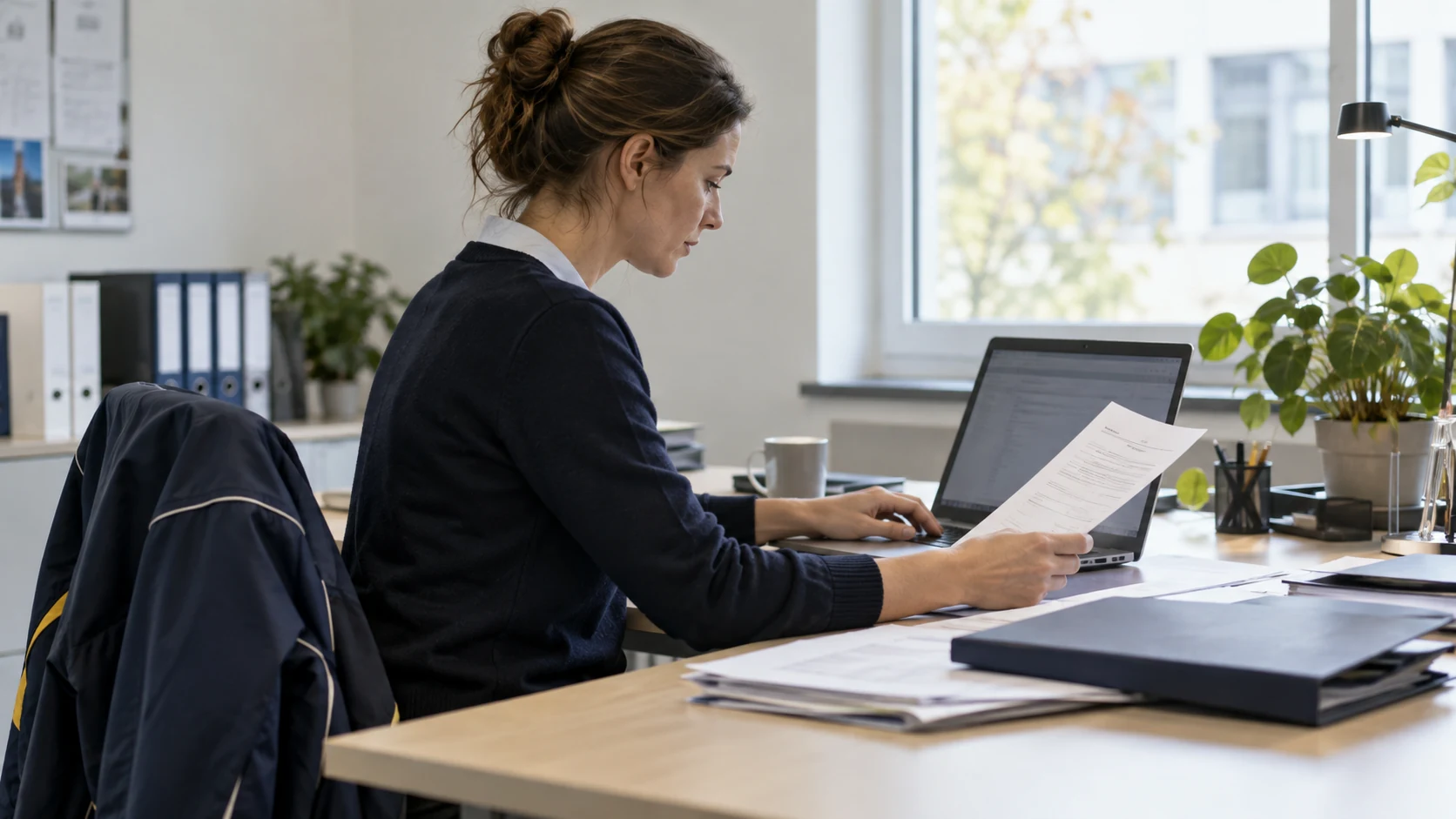 E-Rechnung 2027: Was Einkauf und Reinigungsdienstleister vorher klären sollten 1 Eine Büroangestellte prüft ein Rechnungsblatt neben einem Laptop.