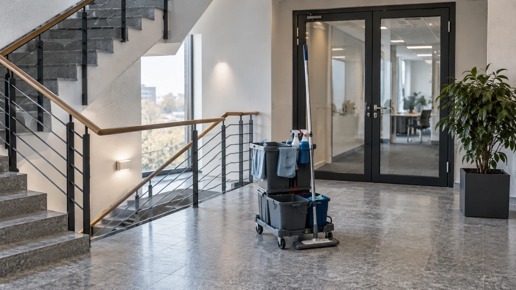 Ein Reinigungswagen steht auf einer breiten Etage eines Gewerbetreppenhauses.