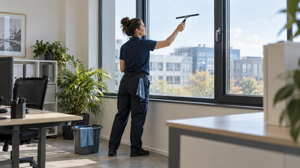 Glasreinigung im Büro: Was innen vor dem Termin frei sein sollte 3 Eine Reinigungskraft säubert vom Boden aus die Innenseite eines Bürofensters.