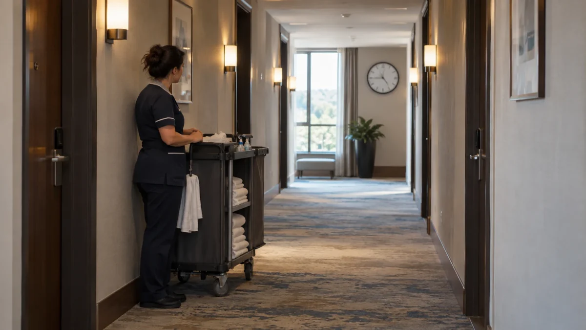 Late Checkout: Der spätere Abschied braucht einen Platz im Reinigungsplan 8 Eine Mitarbeiterin steht mit Reinigungswagen im freien Hotelflur.