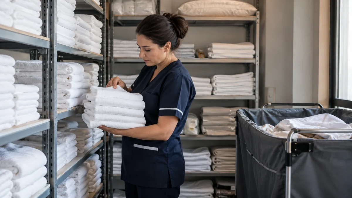 Housekeeping und Wäscheversorgung: Der Zimmerplan braucht passende Bestände 2 Eine Mitarbeiterin zählt gefaltete Handtücher im Wäschelager.