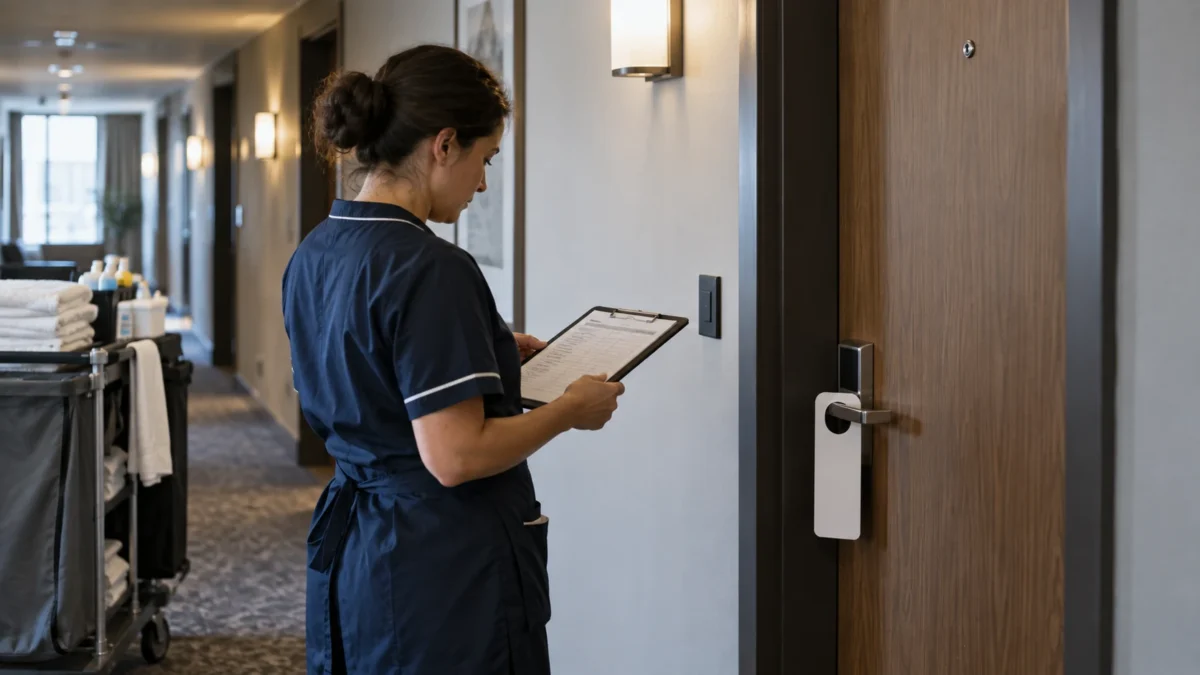 Zimmerreinigung auf Wunsch: Was der Betrieb hinter dem Türschild organisieren muss 5 Eine Mitarbeiterin prüft ihre Arbeitsliste neben einer Hoteltür mit Türanhänger.