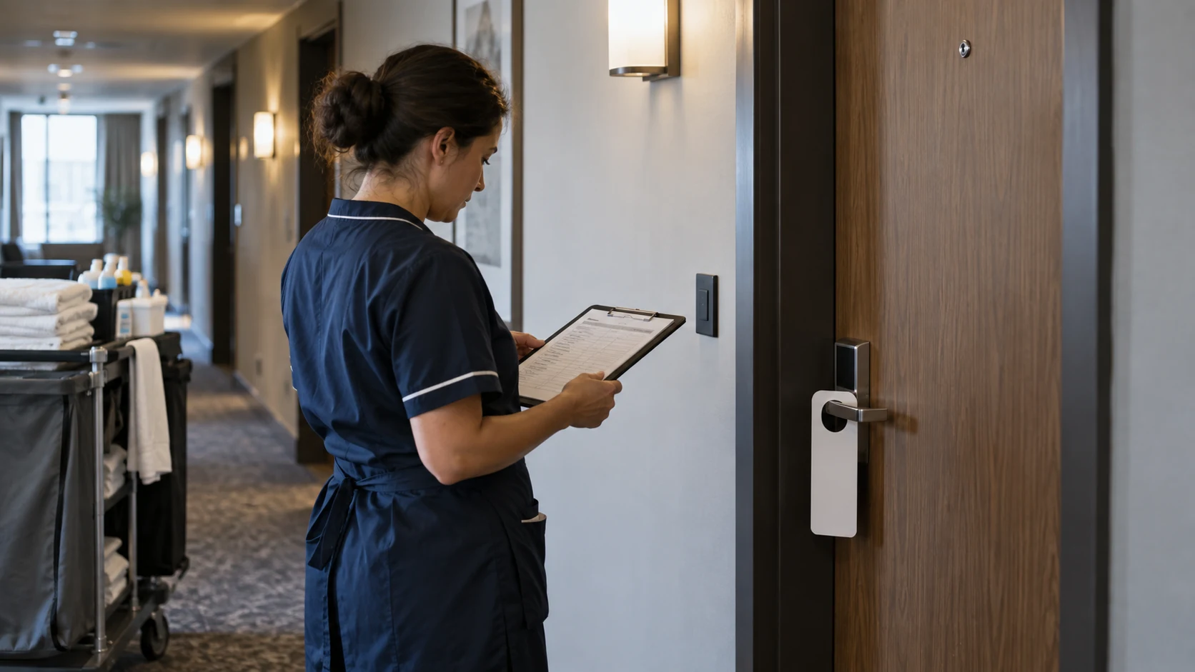 Zimmerreinigung auf Wunsch: Was der Betrieb hinter dem Türschild organisieren muss 1 Eine Mitarbeiterin prüft ihre Arbeitsliste neben einer Hoteltür mit Türanhänger.
