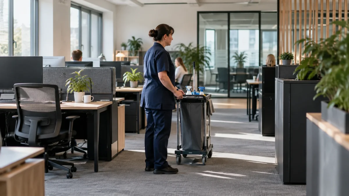Hybrides Büro: Den Reinigungsplan an Nutzung prüfen, nicht an Vermutungen 3 Eine Reinigungskraft steht mit Materialwagen zwischen Arbeitsplätzen im Büro.
