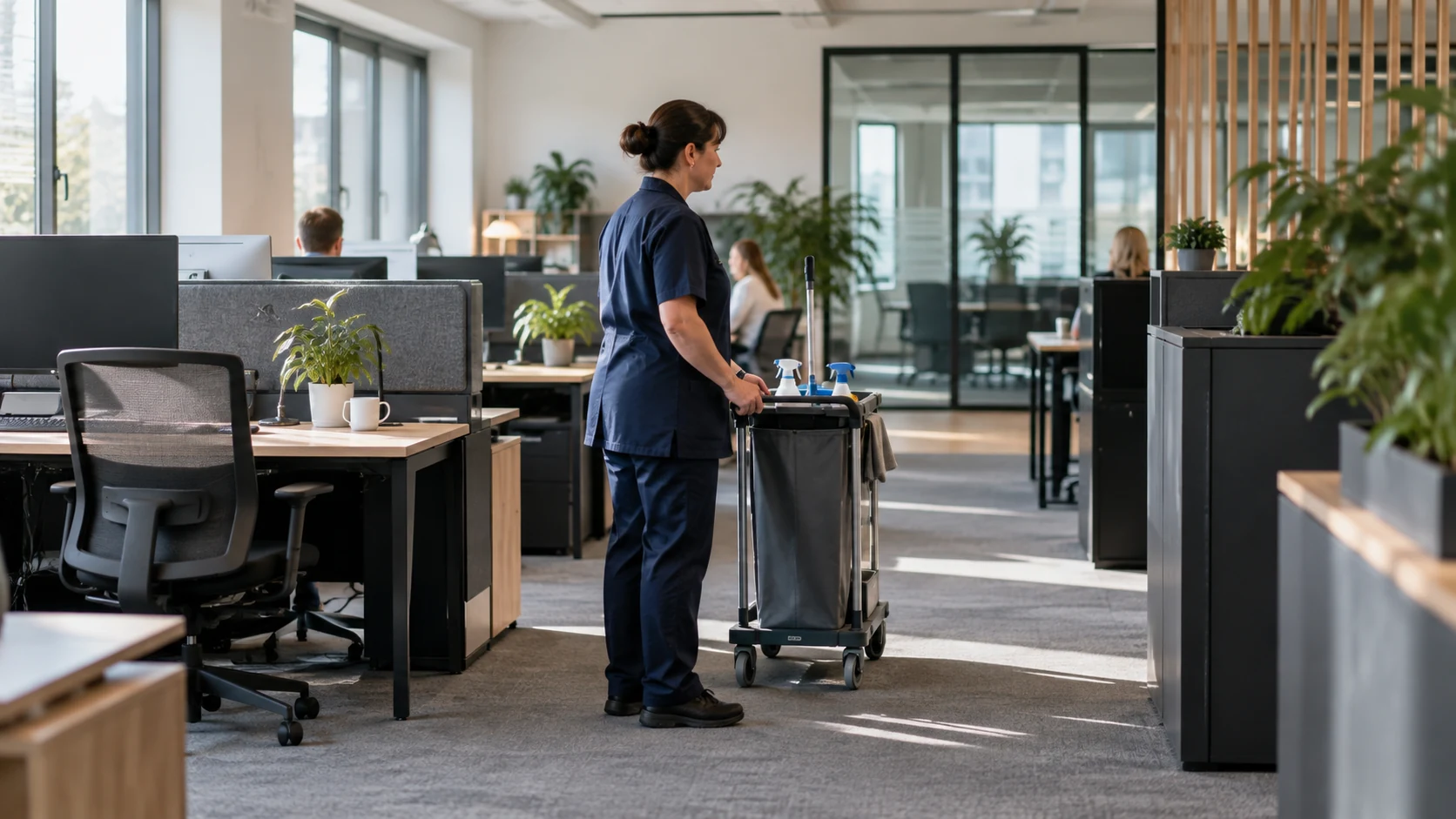 Hybrides Büro: Den Reinigungsplan an Nutzung prüfen, nicht an Vermutungen 1 Eine Reinigungskraft steht mit Materialwagen zwischen Arbeitsplätzen im Büro.