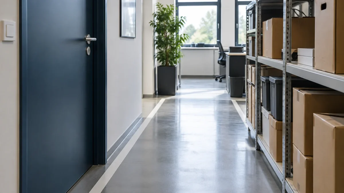 Alternative zu Niediek in Oldenburg: Jonas Gebäudereinigung für Büro und Gewerbe prüfen 5 Blick vom Büro in einen Lagerbereich mit freien Verkehrswegen (KI-generiertes Symbolbild)