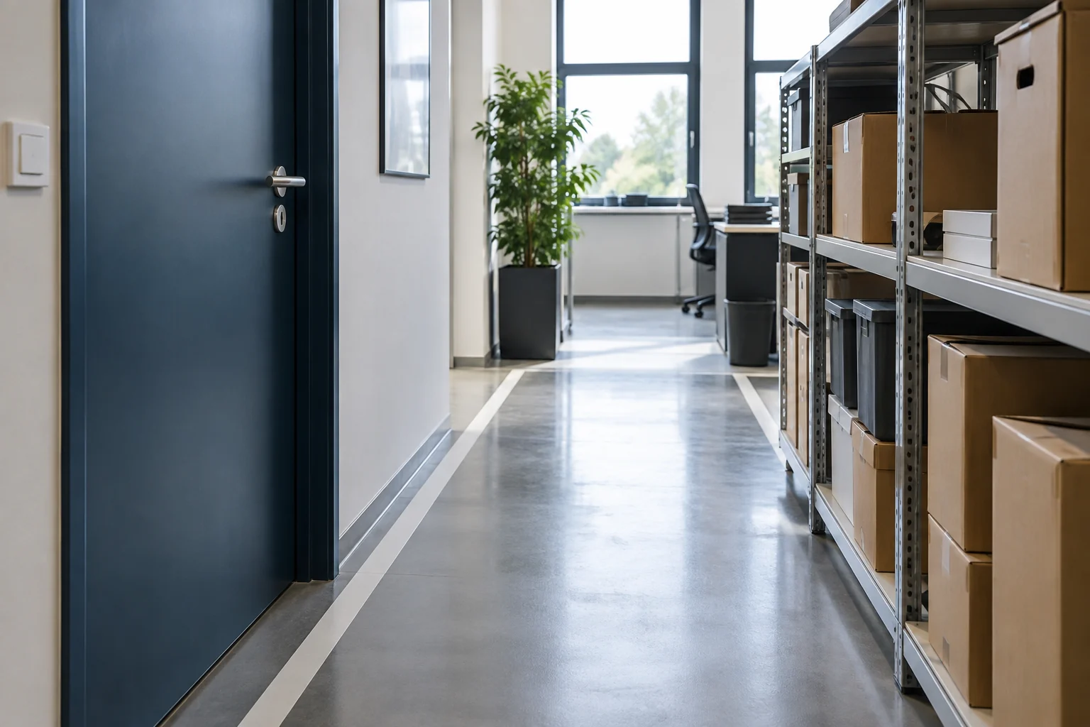 Blick vom Büro in einen Lagerbereich mit freien Verkehrswegen (KI-generiertes Symbolbild)