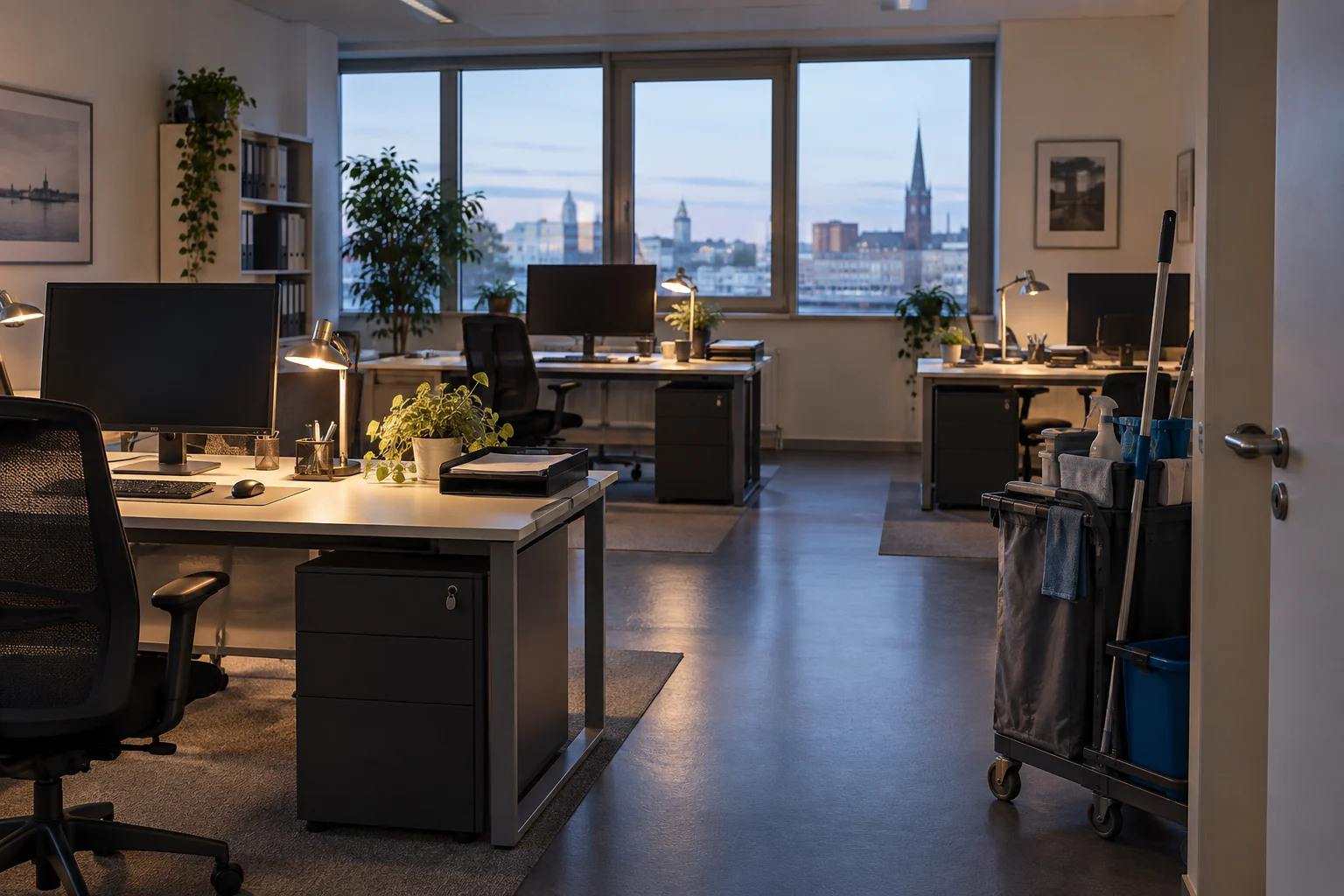 Wilhelm Kühne oder Jonas Gebäudereinigung? Büroreinigung in Oldenburg vergleichen 1 Büro mit Schreibtischen und bereitgestelltem Reinigungswagen nach Feierabend (KI-generiertes Symbolbild)