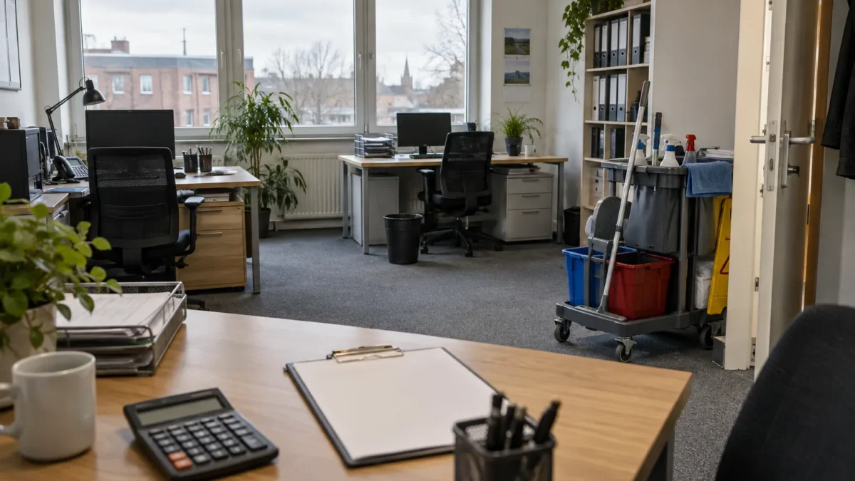 Eigenreinigung oder Reinigungsfirma? Personalzeit, Vertretung und Gesamtkosten vergleichen 4 Klemmbrett, Taschenrechner und Reinigungswagen in einem Büro
