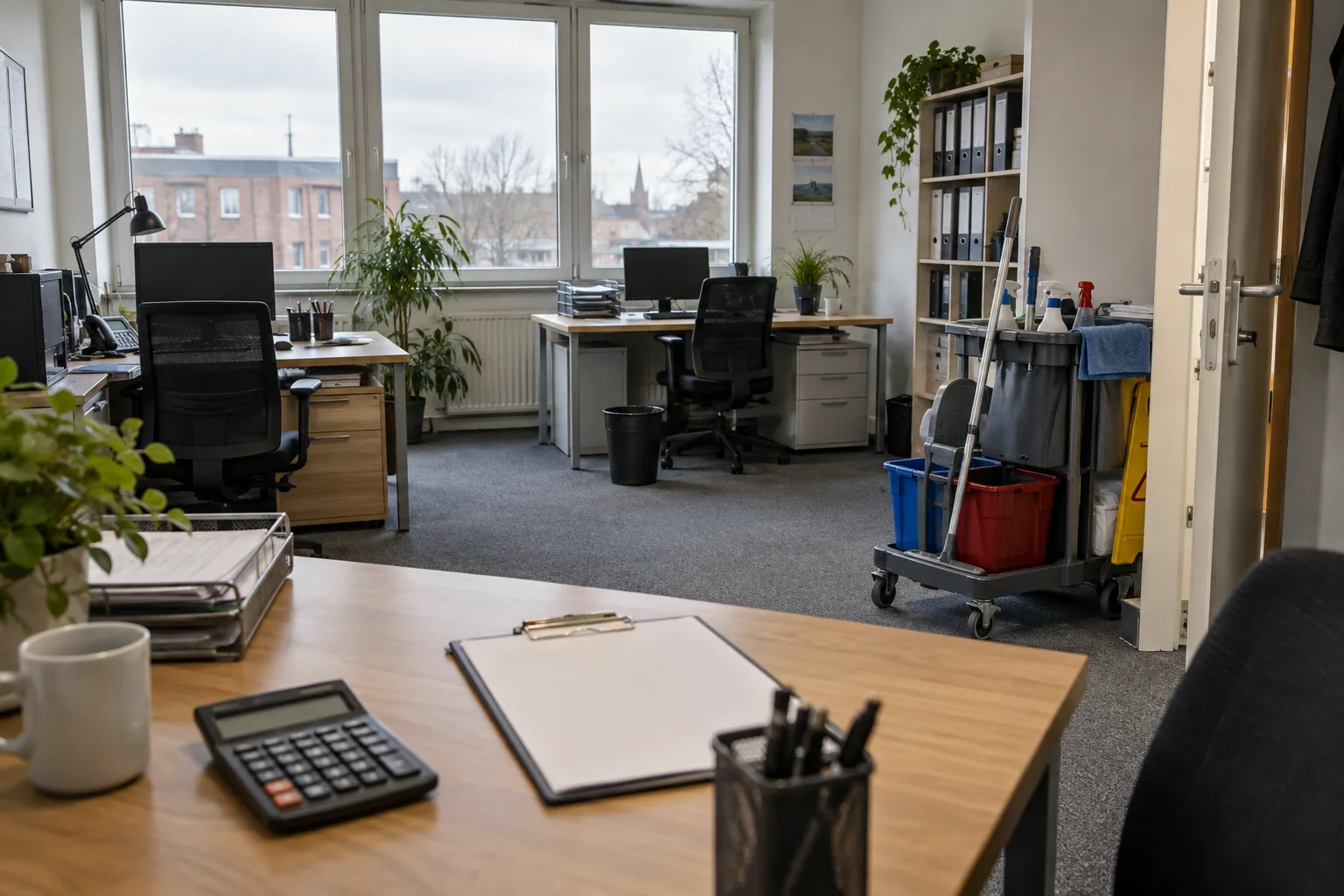 Klemmbrett, Taschenrechner und Reinigungswagen in einem Büro