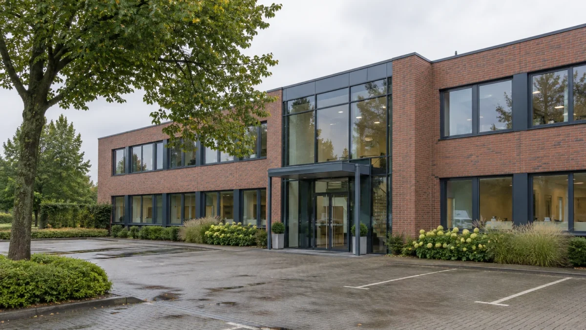 Piepenbrock oder Jonas Gebäudereinigung in Oldenburg? 6 Eingangsbereich eines fiktiven Gewerbegebäudes aus rotem Backstein (KI-generiertes Symbolbild)