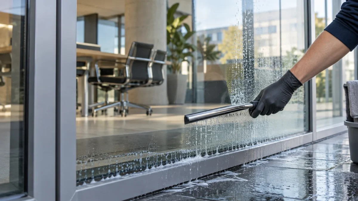 Reinders oder Jonas Gebäudereinigung: Glasreinigung in Oldenburg und Ammerland 2 Behandschuhter Arm beim Abziehen einer verglasten Fensterfläche (KI-generiertes Symbolbild)