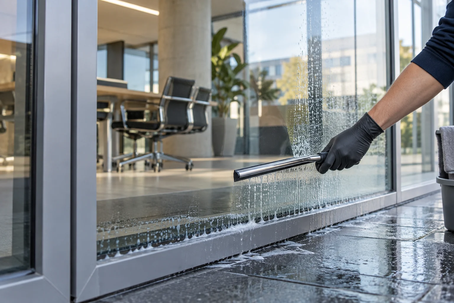 Behandschuhter Arm beim Abziehen einer verglasten Fensterfläche (KI-generiertes Symbolbild)