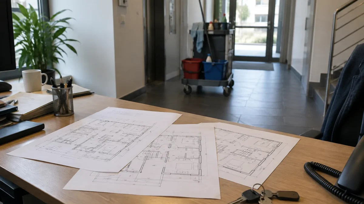 Reinigung für mehrere Immobilien ausschreiben: Ein Objektblatt je Haus, eine vergleichbare Angebotsbasis 1 Drei Gebäudepläne und Schlüssel auf einem Schreibtisch