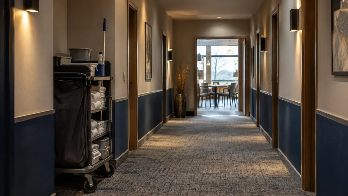 Rainer Mecklenburg oder Jonas Gebäudereinigung: Hotel- und Gewerbereinigung vergleichen 3 Hotelflur mit Reinigungswagen in einer seitlichen Nische (KI-generiertes Symbolbild)