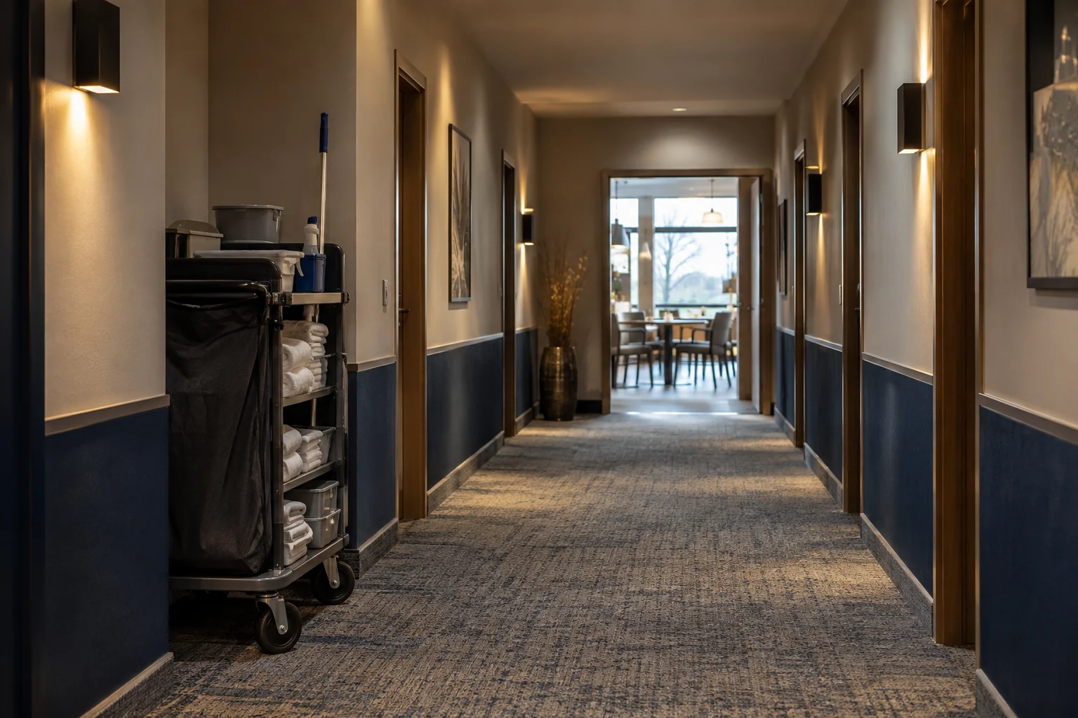 Rainer Mecklenburg oder Jonas Gebäudereinigung: Hotel- und Gewerbereinigung vergleichen 1 Hotelflur mit Reinigungswagen in einer seitlichen Nische (KI-generiertes Symbolbild)