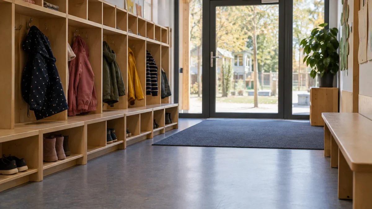 Fetz Clean oder Jonas Gebäudereinigung: Kita- und Gewerbereinigung vergleichen 3 Leere Kita-Garderobe mit niedrigen Sitzbänken und offenen Fächern (KI-generiertes Symbolbild)